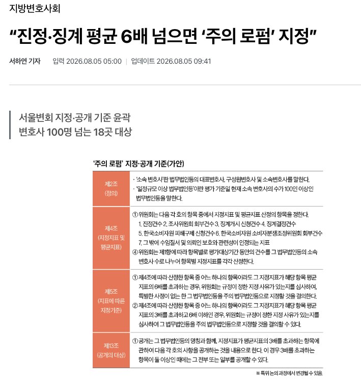 서울지방변호사회가 마련한 주의 로펌 지정·공개 기준 가안을 정리한 법률신문 보도 화면
