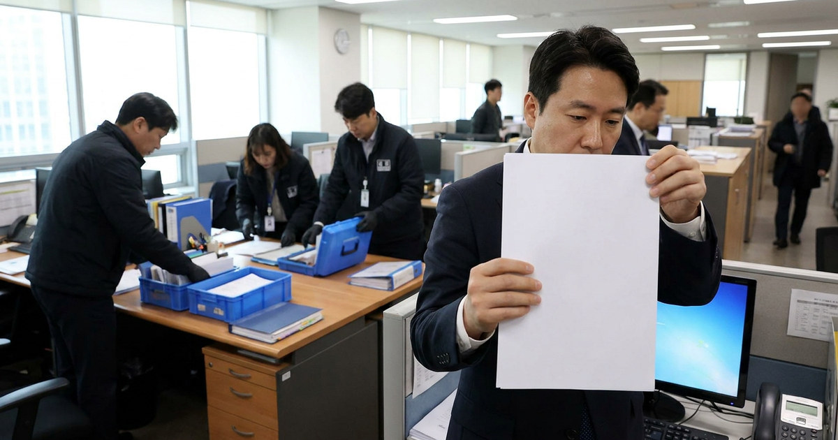 파란 반출 상자를 하나씩 들고 건물 현관을 나서는 조사관들