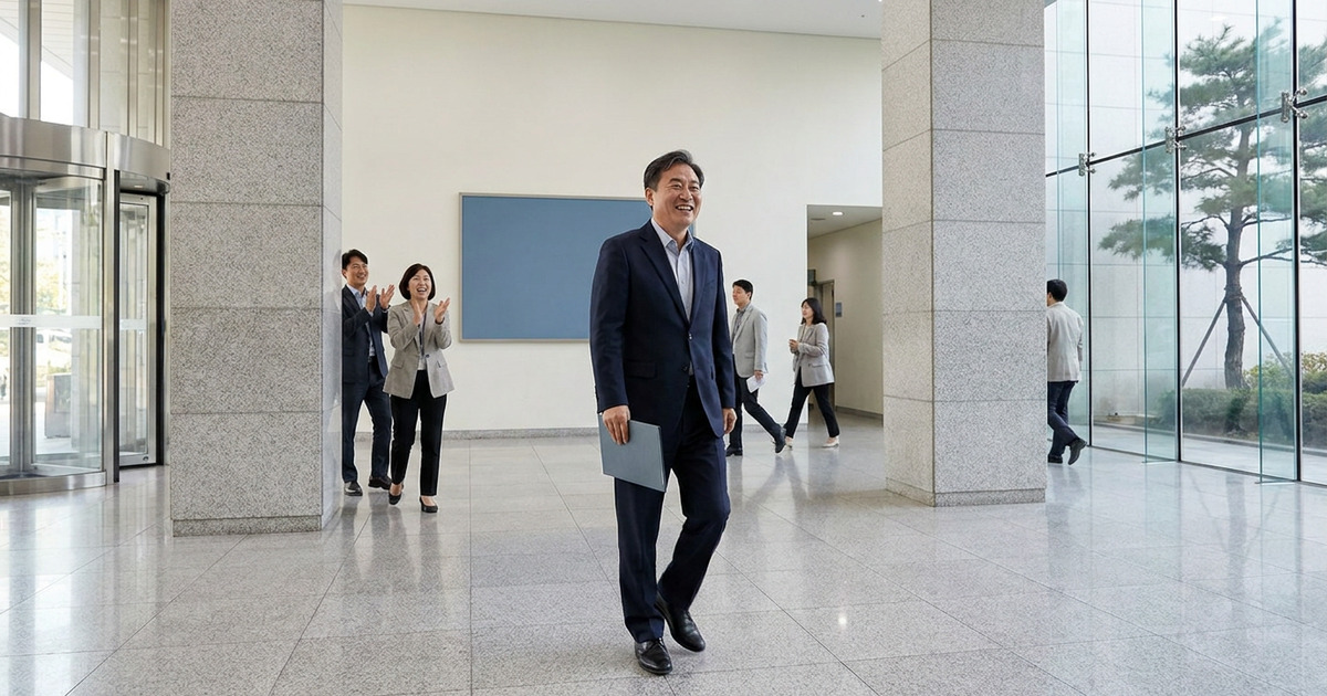 법원 로비에서 서류철을 든 사람이 환하게 웃으며 걸어 나오고, 뒤에서 두 사람이 손뼉을 치고 있다.