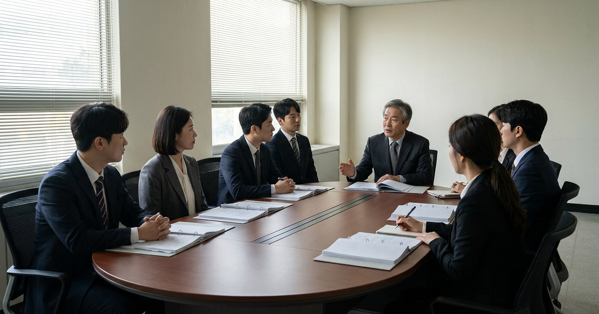 높은 곳에서 내려다본 ㄷ자 회의 탁자에 열두 사람이 둘러앉고, 각자 앞에 마이크와 서류와 물잔이 놓여 있다