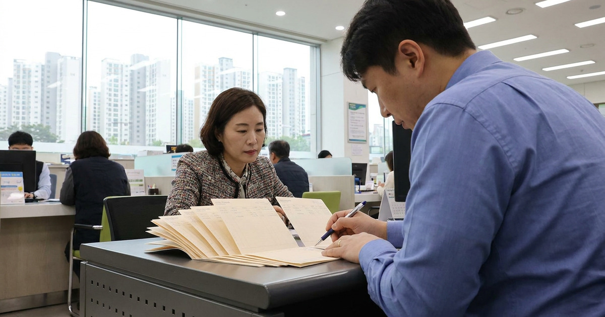 상담 창구에서 서류철을 부채꼴로 펼쳐 놓고 한 줄을 펜으로 짚어 가며 설명하는 자리, 창밖으로 아파트 단지가 보인다