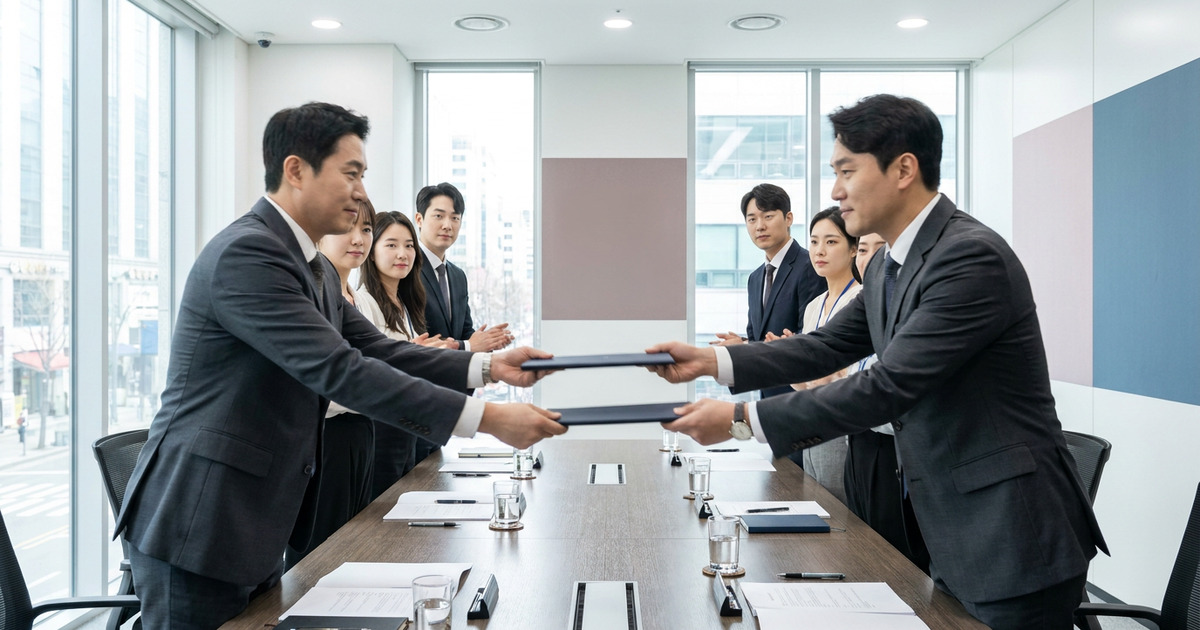 회의 탁자 위로 두 사람이 서류철을 동시에 주고받고 있고 양쪽 뒤로 실무진이 서 있다