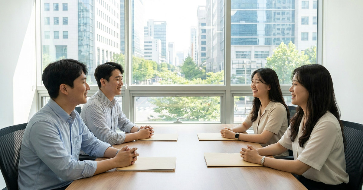 창밖으로 도시가 보이는 밝은 회의실에서 네 사람이 탁자를 사이에 두고 마주 앉아 웃으며 이야기하고, 각자 앞에 닫힌 서류철이 놓여 있다