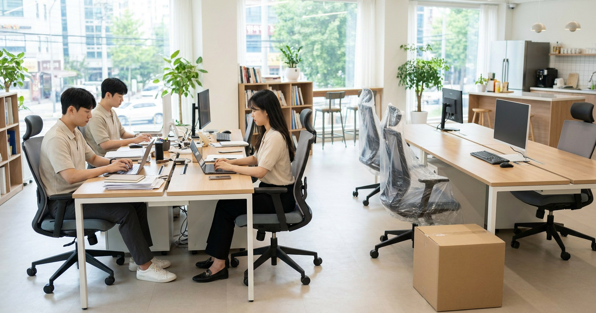 밝은 사무실에서 젊은 직원 셋이 나란히 앉아 일하고, 같은 줄 옆으로 아직 아무도 앉지 않은 빈 책상과 의자가 이어져 있다